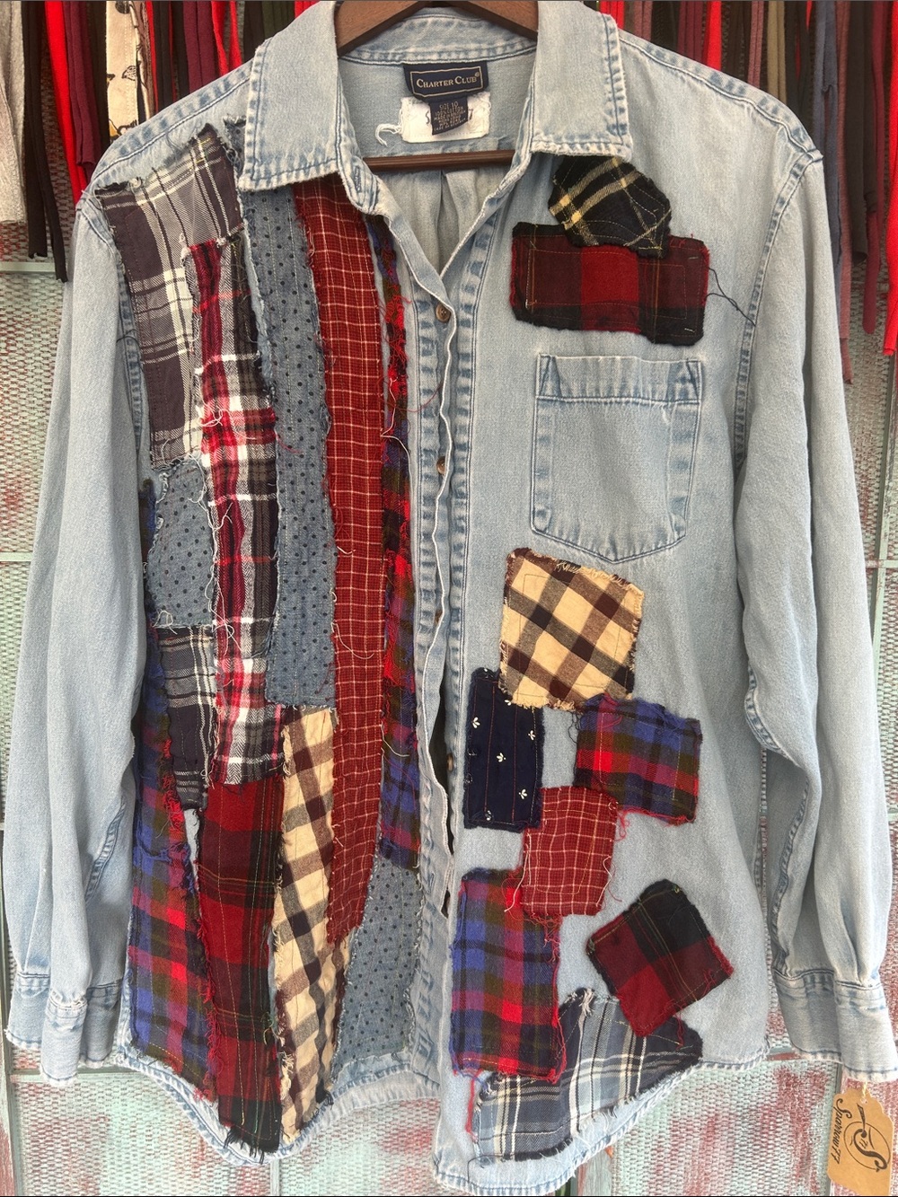 Upcycled ragged tattered flannel and plaid patched lightweight denim jean shirt